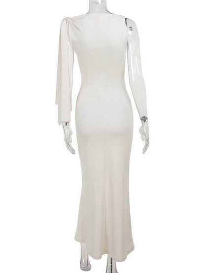long tight-fitting solid color one-shoulder sleeveless elegant evening dress for women | Force