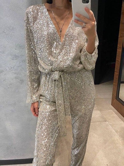 shiny v-neck sequin jumpsuits belt plunging neckline long sleeves women elegant casual fashion Christmas | Force