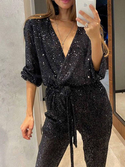 shiny v-neck sequin jumpsuits belt plunging neckline long sleeves women elegant casual fashion Christmas | Force
