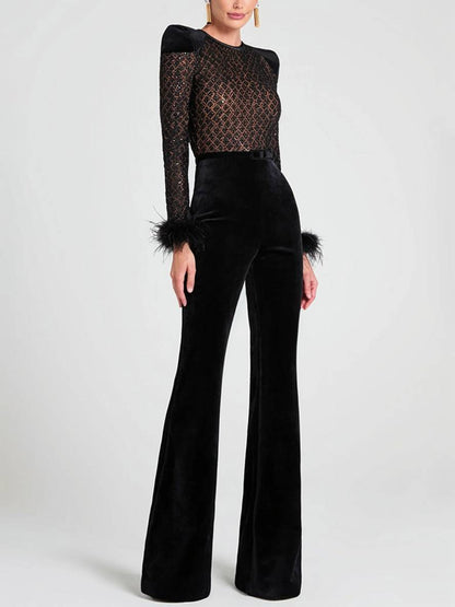 flare wide slim fitness jumpsuits round neck feather long sleeves zipper women casual elegant ceremony | Force