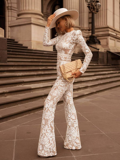 flare wide-leg lace jumpsuits round neck belt long sleeves women elegant vintage | Force