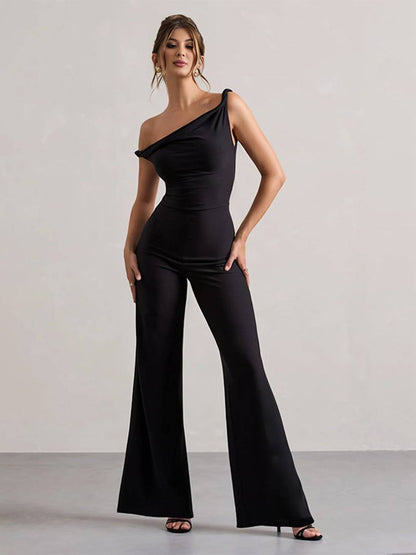 flare wide-leg jumpsuits one shoulder boat neck sleeveless women elegant casual one piece | Force