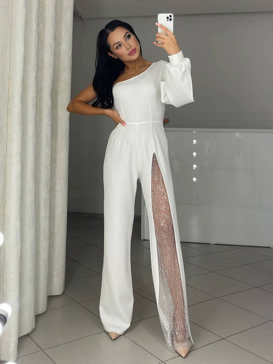 flare wide-leg jumpsuits one-shoulder side slit long sleeves women casual elegant relaxed ceremony | Force