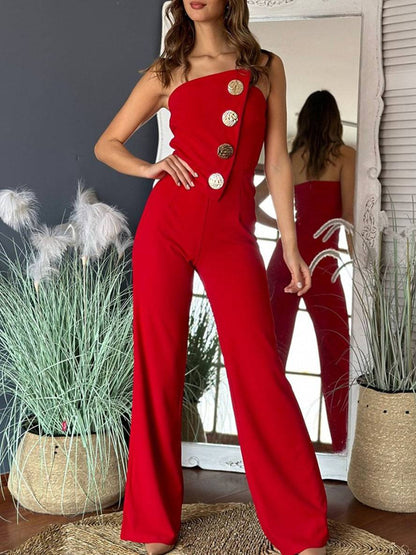 flare wide-leg jumpsuits solid color strapless buttoned sleeveless women elegant casual | Force