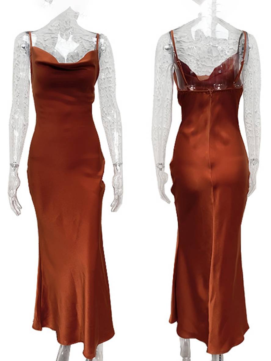 satin fitted backless bridesmaid dress with thin straps elegant evening woman wedding guest | Force