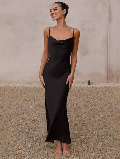satin fitted backless bridesmaid dress with thin straps elegant evening woman wedding guest | Force