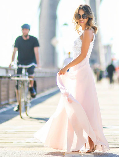 long bridesmaid dress lace chiffon flowing round neck sleeveless elegant pink and white | Force