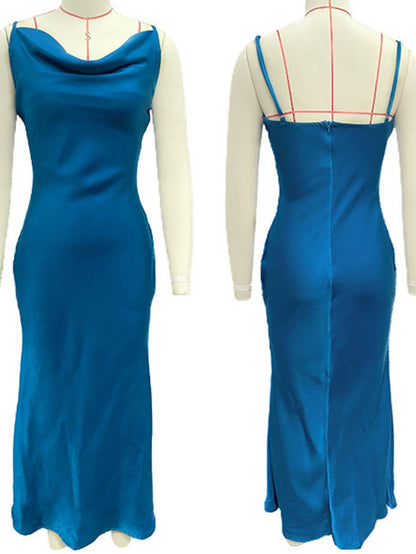 satin fitted backless bridesmaid dress with thin straps elegant evening woman wedding guest | Force