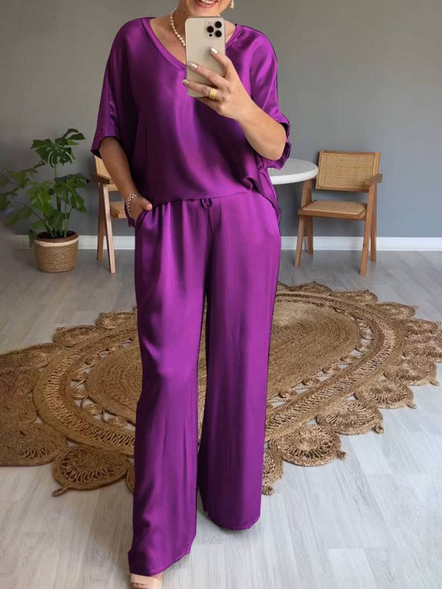 sets with pants v-neck pockets batwing sleeves short sleeves women elegant casual loose two-piece | Force