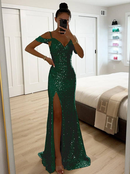 long shiny sequin v-neck dress side slit split shoulders sleeveless elegant evening ceremony woman | Force