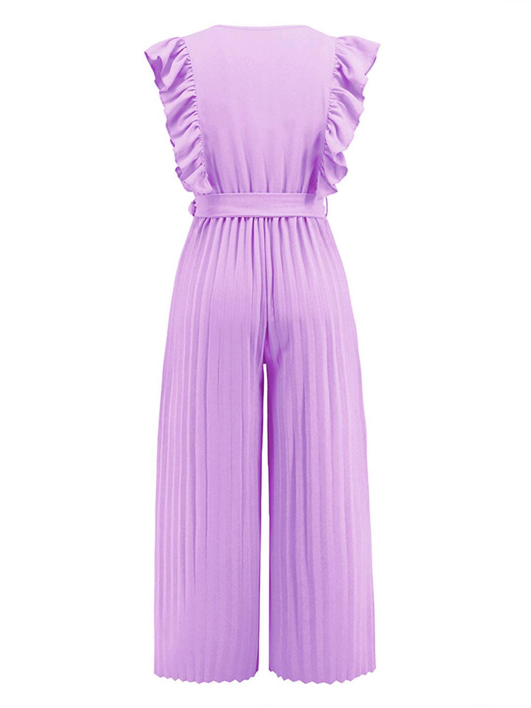 wide leg jumpsuits flared v-neck with ruffle pleated belt sleeveless women elegant bohemian casual | FORCE