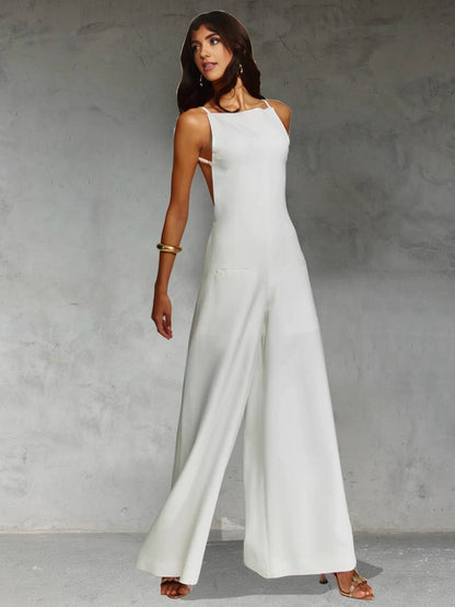 wide leg jumpsuits flared linen backless with thin straps sleeveless elegant casual vacation style for women | Force