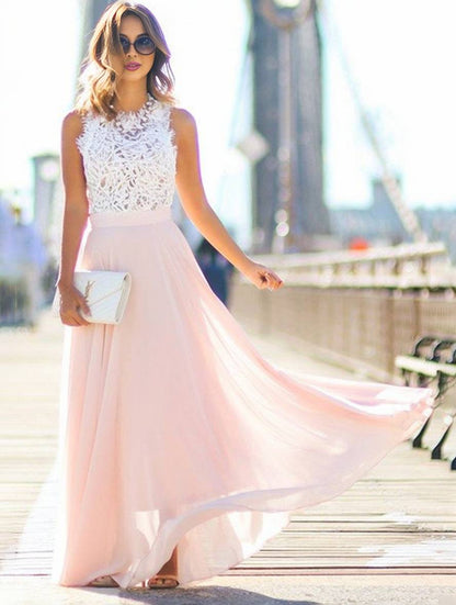 long bridesmaid dress lace chiffon flowing round neck sleeveless elegant pink and white | Force