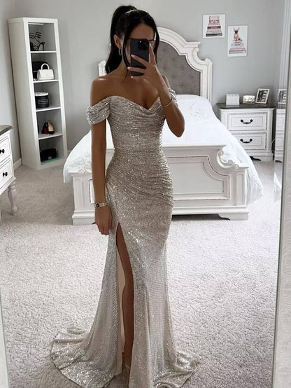 long strapless shiny sequin slit side mermaid boat neck sleeveless elegant evening ceremony dress | Force