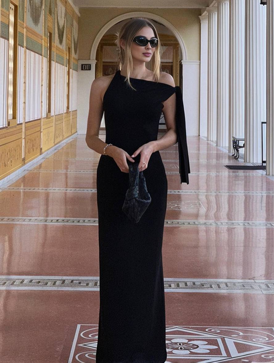 long tight-fitting solid color one-shoulder sleeveless elegant evening dress for women | Force