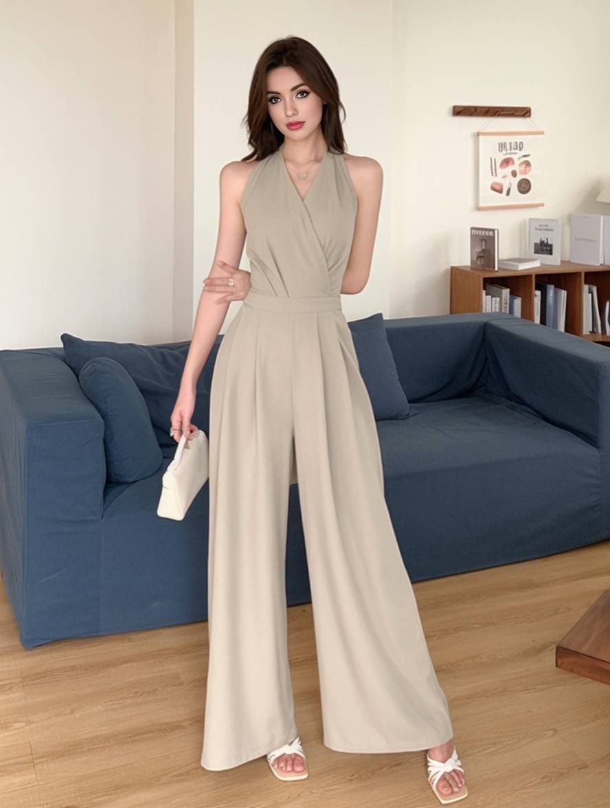 wide leg jumpsuits flared solid color backless v-neck sleeveless women casual elegant relaxed | Force