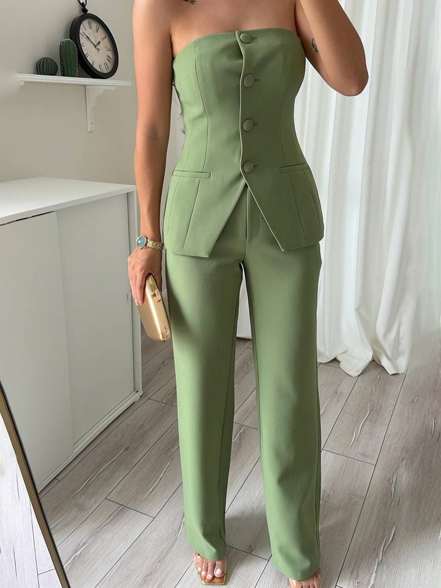 sets with solid color pants buttoned bustier elegant women's suit style outfit wedding guest | Force