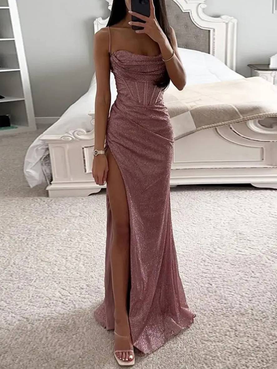 long tight-fitting dress with side slit strapless with thin straps sleeveless elegant evening woman | Force