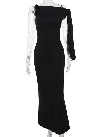 long tight-fitting solid color one-shoulder sleeveless elegant evening dress for women | Force