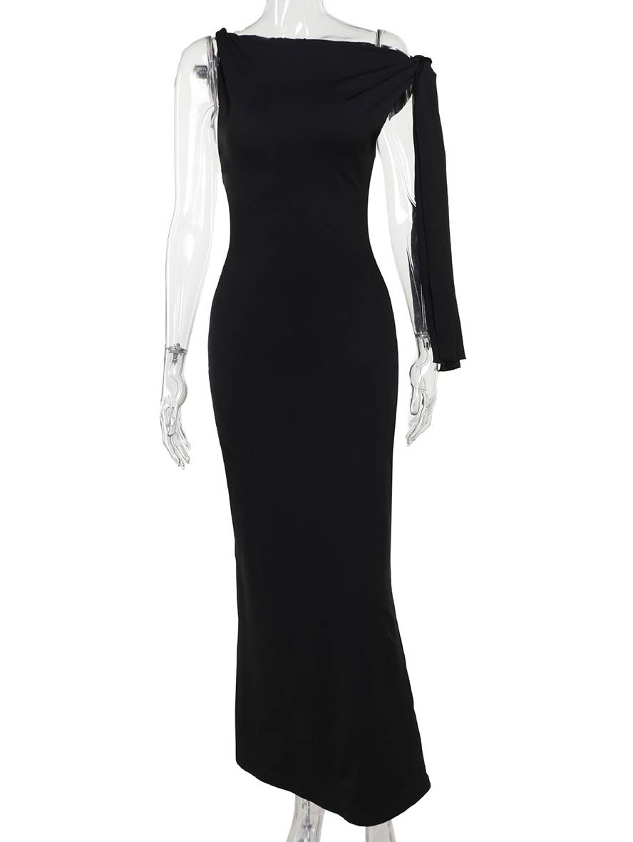 long tight-fitting solid color one-shoulder sleeveless elegant evening dress for women | Force