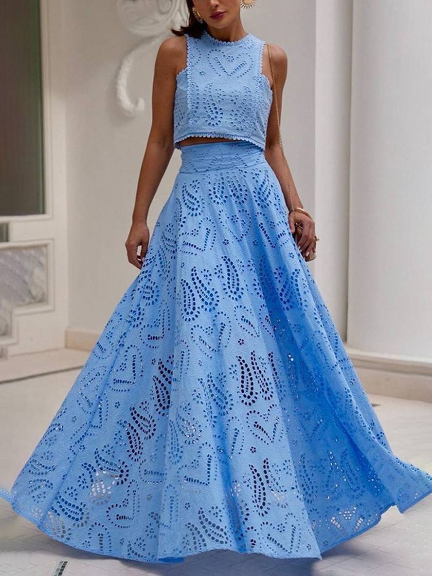 embroidered eyelet dress pockets sleeveless trapeze tops fluid skirt woman elegant casual set | Force