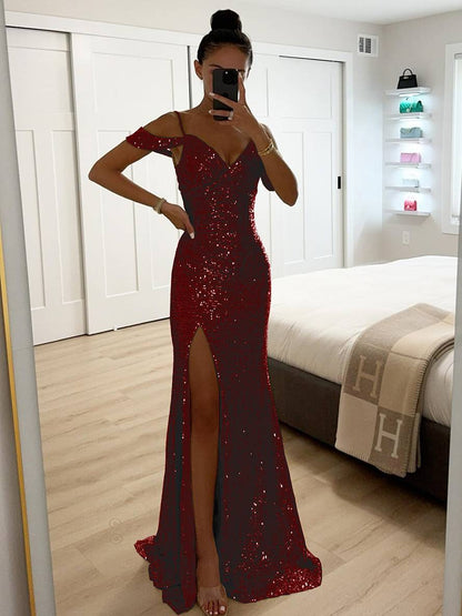 long shiny sequin v-neck dress side slit split shoulders sleeveless elegant evening ceremony woman | Force