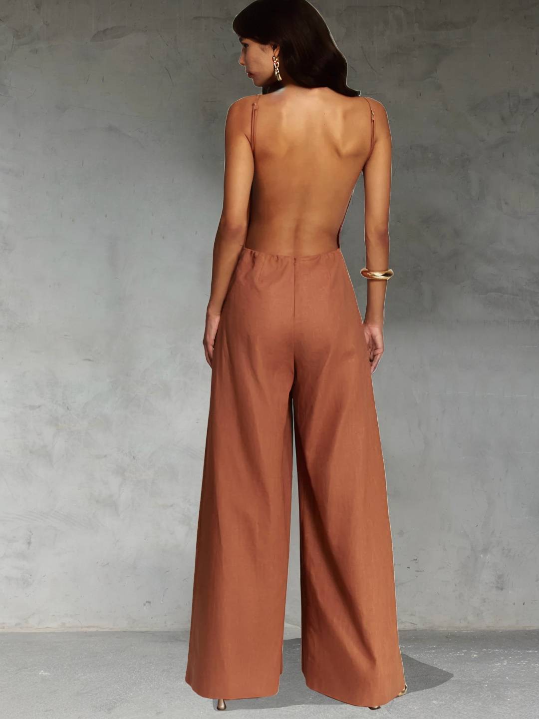 wide leg jumpsuits flared linen backless with thin straps sleeveless elegant casual vacation style for women | Force