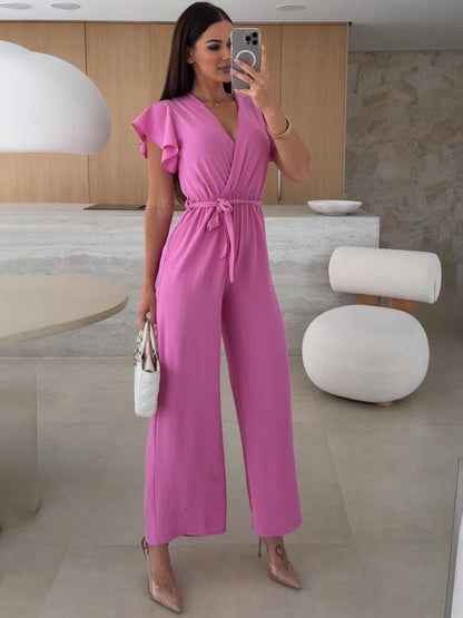 wide leg jumpsuits flared solid color v-neck belt layered ruffles casual woman | FORCE