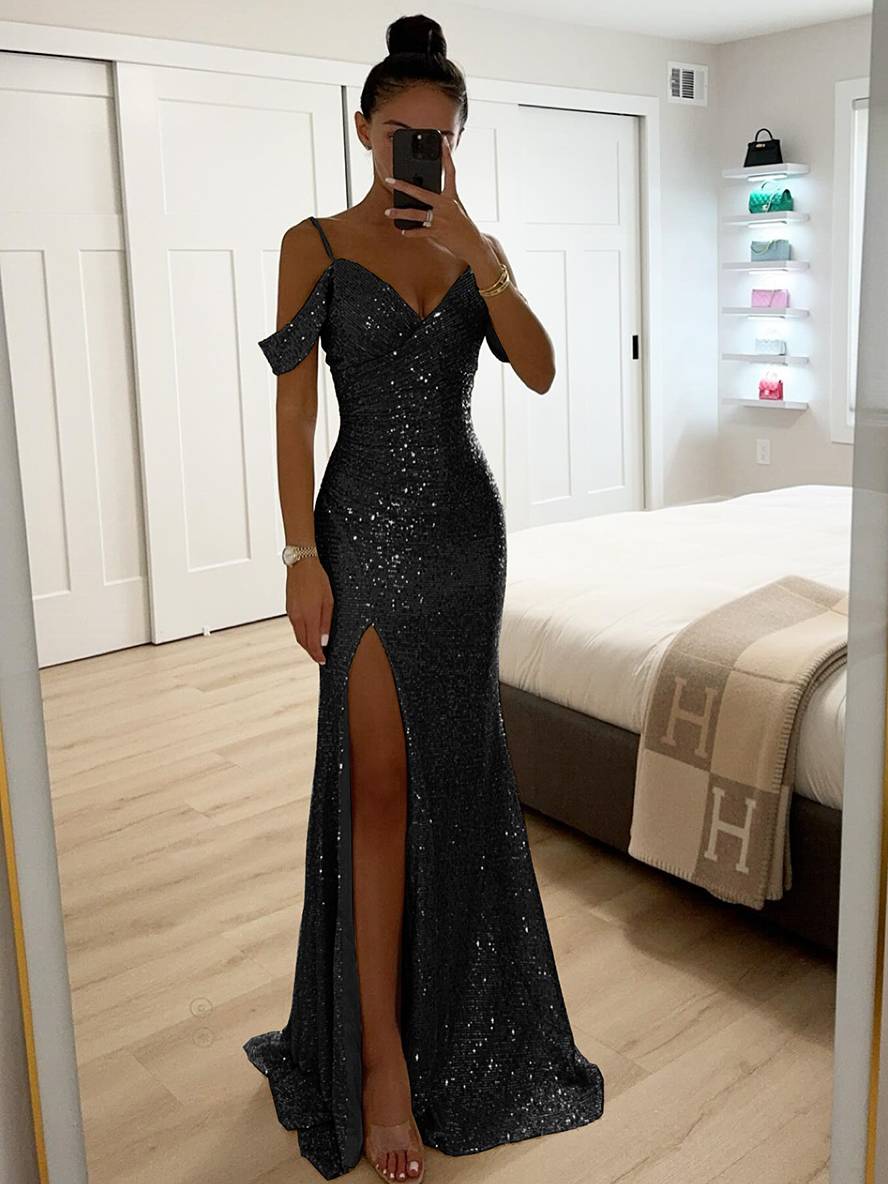 long shiny sequin v-neck dress side slit split shoulders sleeveless elegant evening ceremony woman | Force