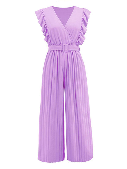 wide leg jumpsuits flared v-neck with ruffle pleated belt sleeveless women elegant bohemian casual | FORCE