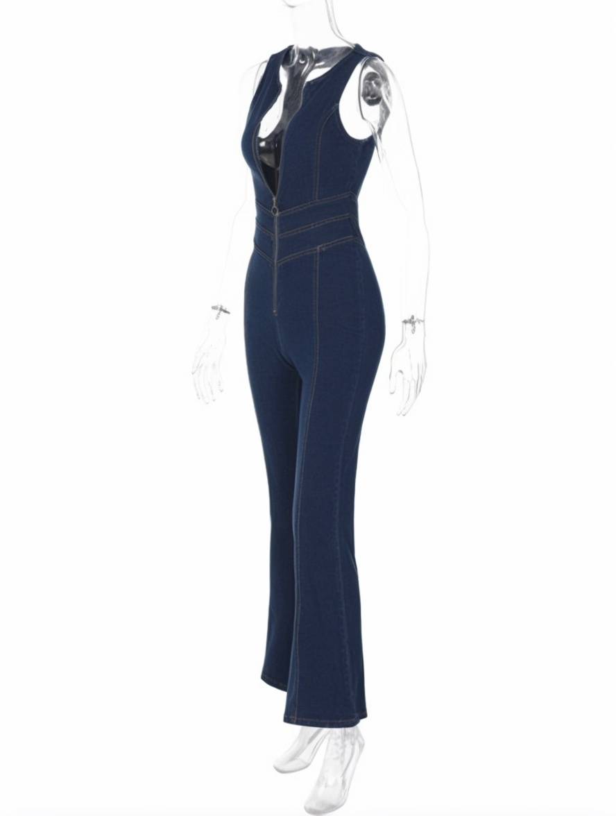 elegant vintage casual fashion sleeveless v-neck denim jumpsuits for women | Force