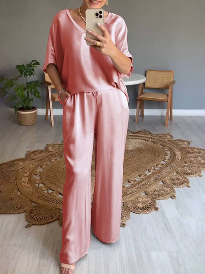 sets with pants v-neck pockets batwing sleeves short sleeves women elegant casual loose two-piece | Force