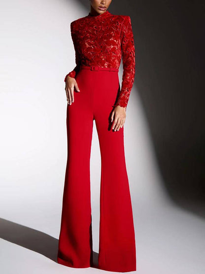 flare wide-leg jumpsuits English embroidery round neck long sleeves belt women elegant casual slim fitness | Force