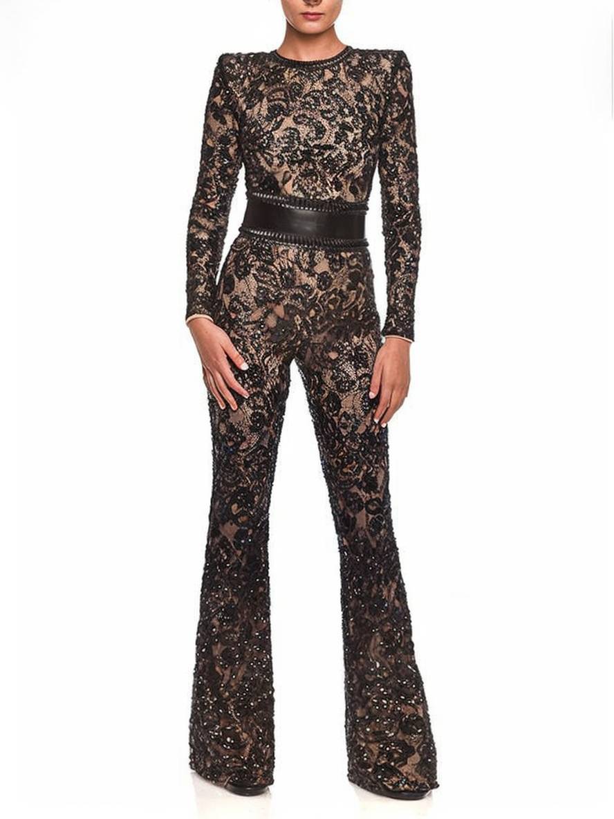 flare wide-leg lace jumpsuits round neck belt long sleeves women elegant vintage | Force