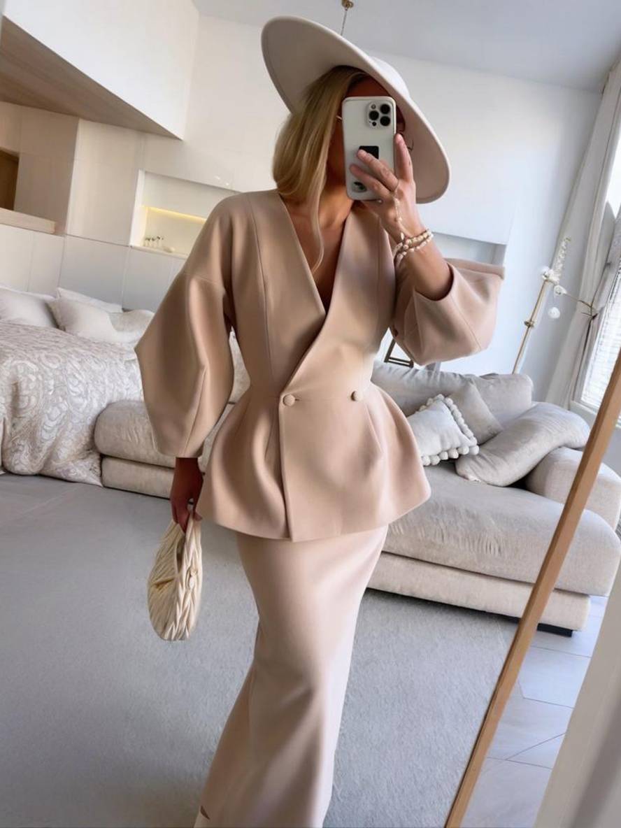 suit sets with skirt v-neck buttons puff sleeves long sleeves jacket woman elegant vintage two pieces | Force
