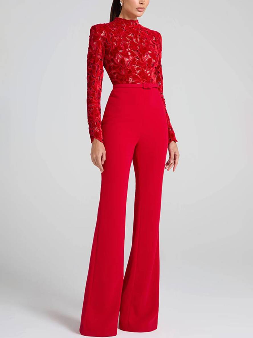flare wide-leg jumpsuits English embroidery round neck long sleeves belt women elegant casual slim fitness | Force