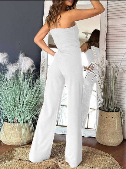 flare wide-leg jumpsuits solid color strapless buttoned sleeveless women elegant casual | Force