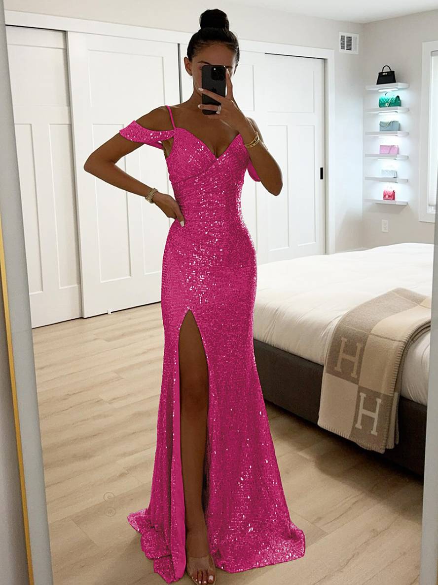 long shiny sequin v-neck dress side slit split shoulders sleeveless elegant evening ceremony woman | Force