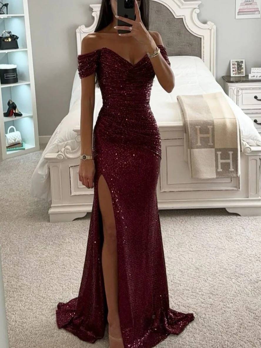 long strapless shiny sequin slit side mermaid boat neck sleeveless elegant evening ceremony dress | Force
