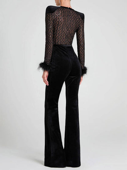 flare wide slim fitness jumpsuits round neck feather long sleeves zipper women casual elegant ceremony | Force