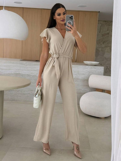 wide leg jumpsuits flared solid color v-neck belt layered ruffles casual woman | FORCE