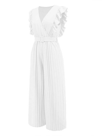 wide leg jumpsuits flared v-neck with ruffle pleated belt sleeveless women elegant bohemian casual | FORCE