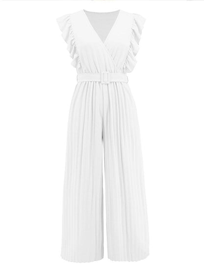 wide leg jumpsuits flared v-neck with ruffle pleated belt sleeveless women elegant bohemian casual | FORCE