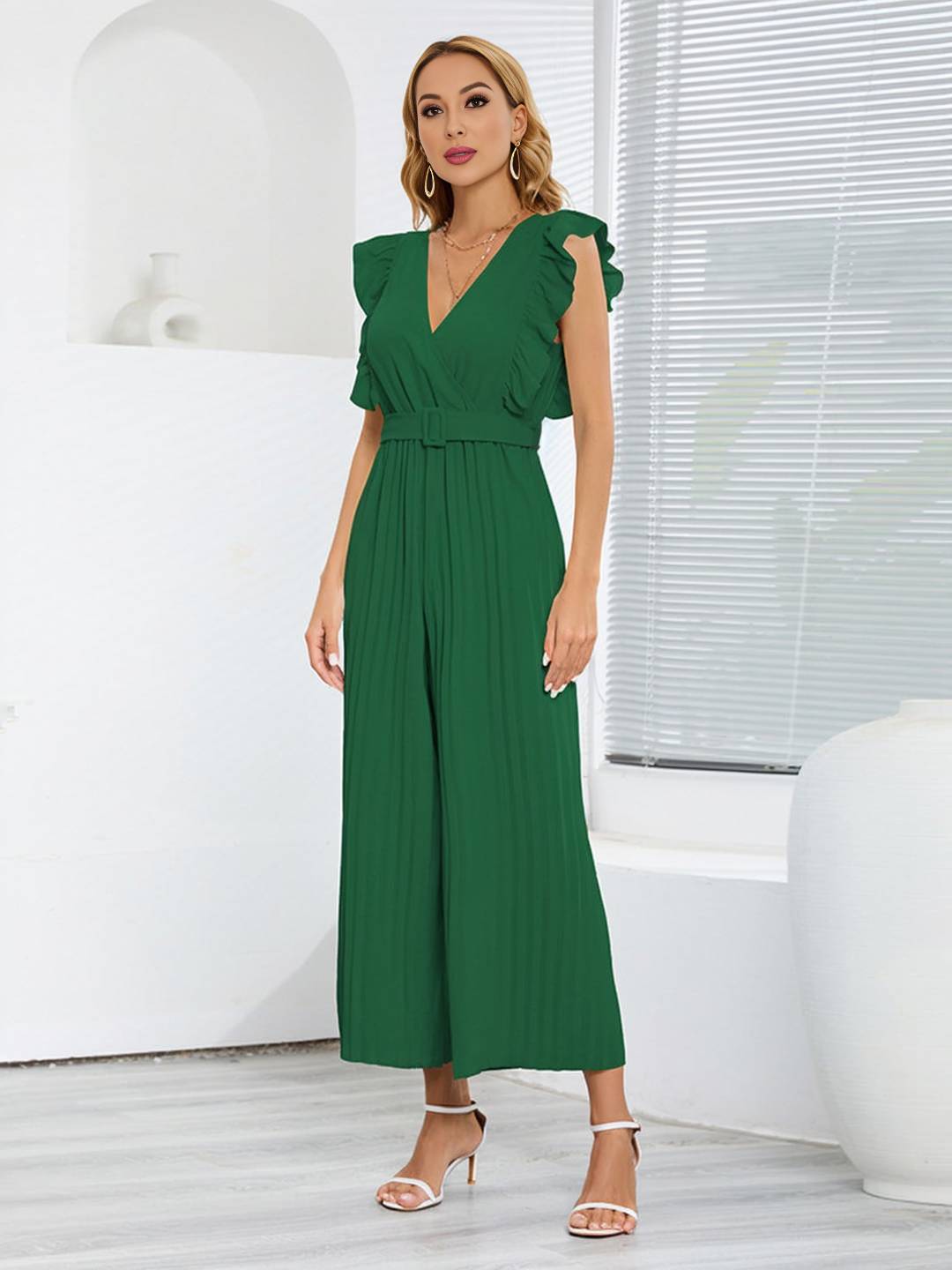 wide leg jumpsuits flared v-neck with ruffle pleated belt sleeveless women elegant bohemian casual | FORCE