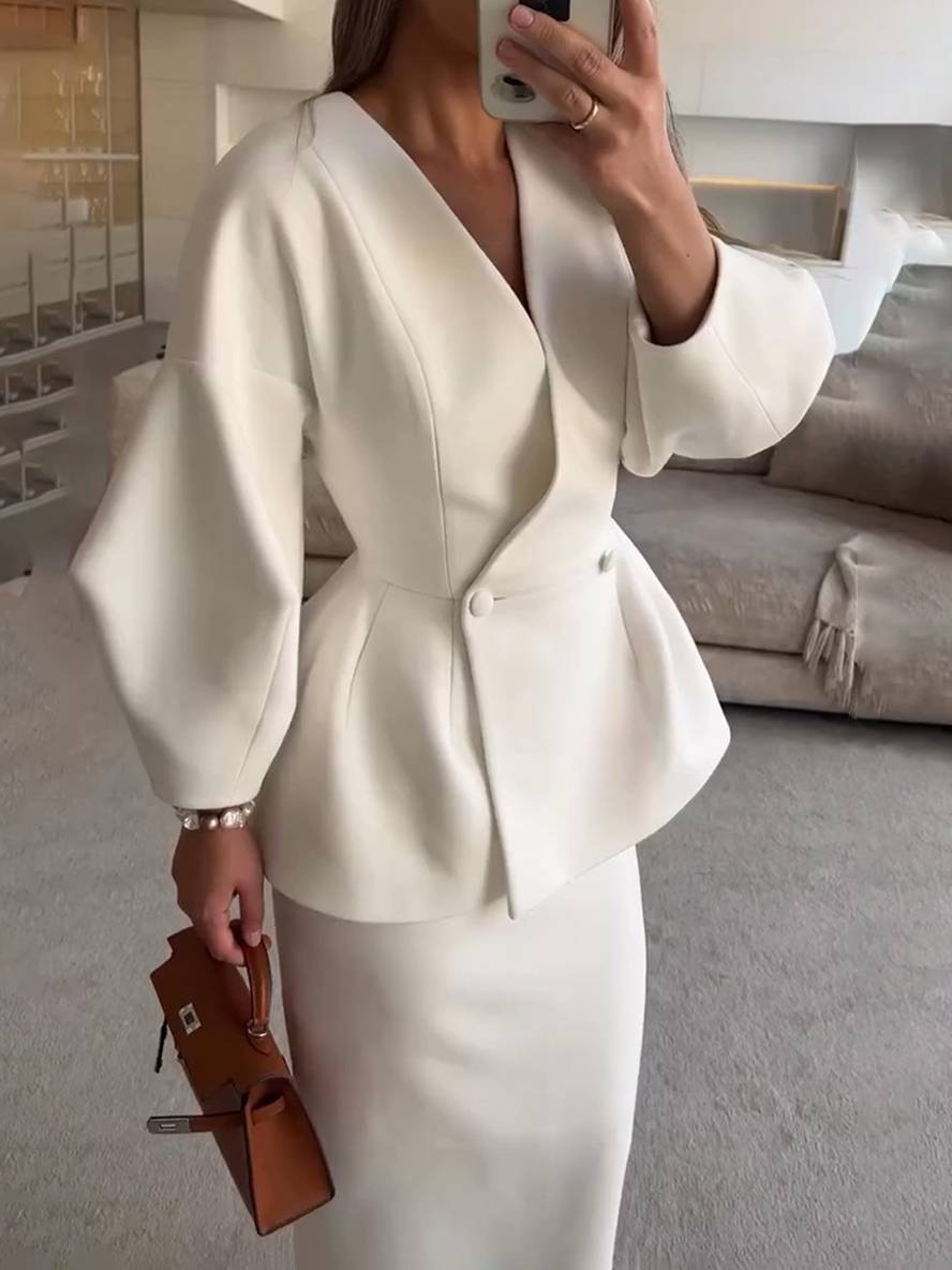 suit sets with skirt v-neck buttons puff sleeves long sleeves jacket woman elegant vintage two pieces | Force