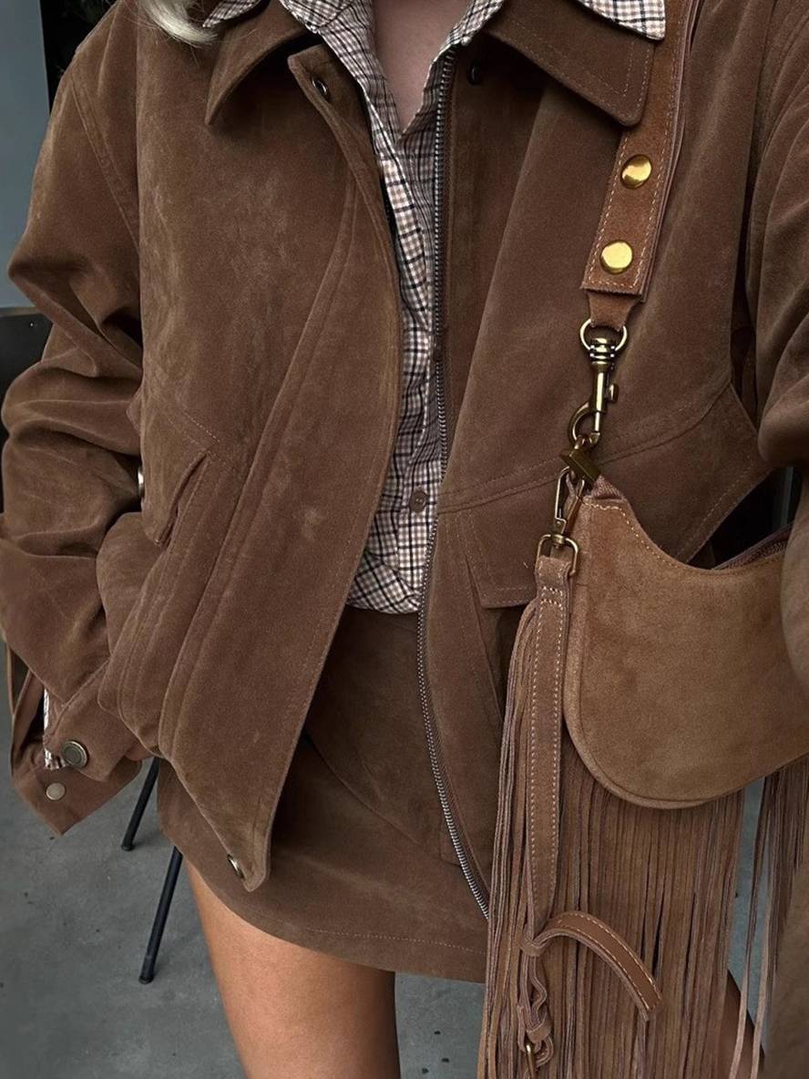 women's suede set lapel collar pockets short jacket skirt elegant casual two-piece clothing | Force