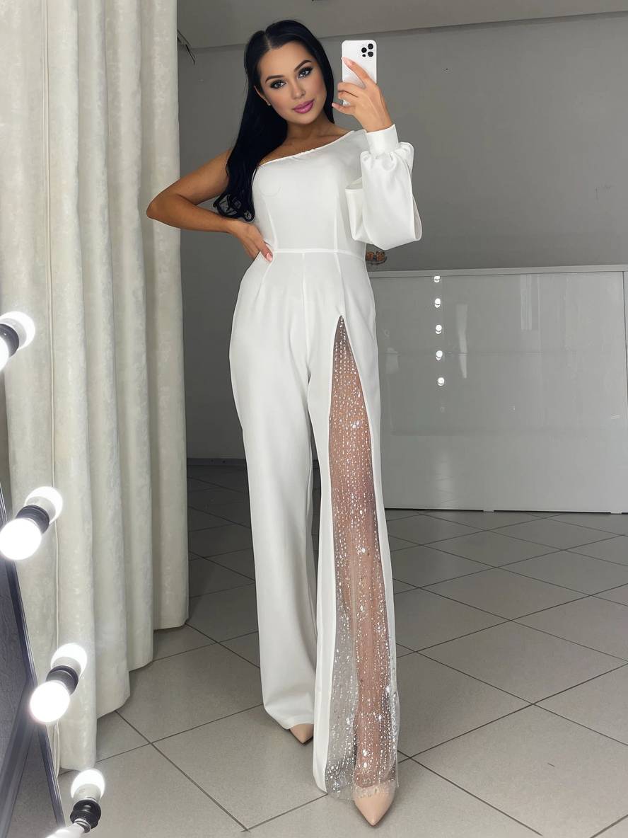flare wide-leg jumpsuits one-shoulder side slit long sleeves women casual elegant relaxed ceremony | Force