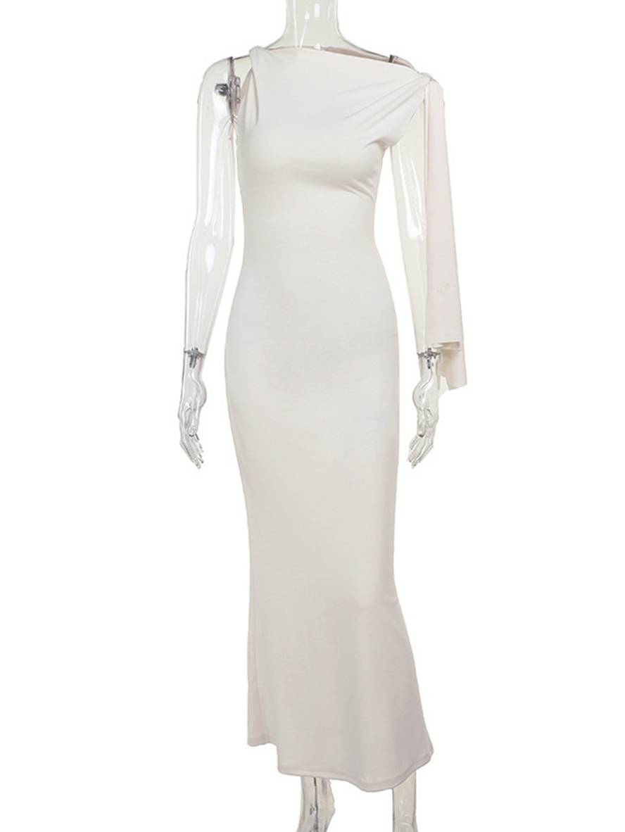long tight-fitting solid color one-shoulder sleeveless elegant evening dress for women | Force