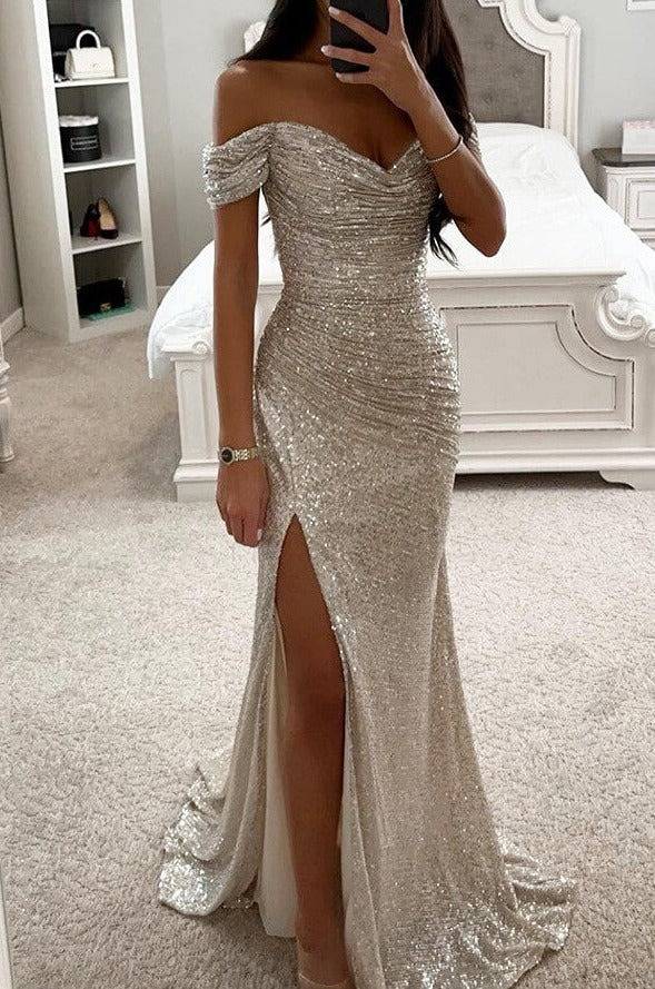 long strapless shiny sequin slit side mermaid boat neck sleeveless elegant evening ceremony dress | Force