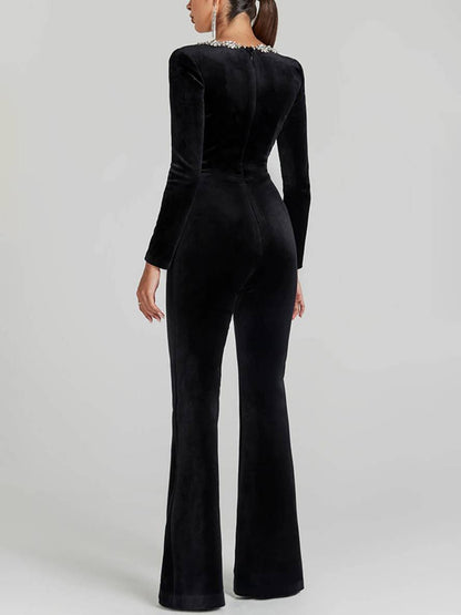 flare wide velvet jumpsuits square collar long sleeves slim fitness women elegant casual ceremony | Force